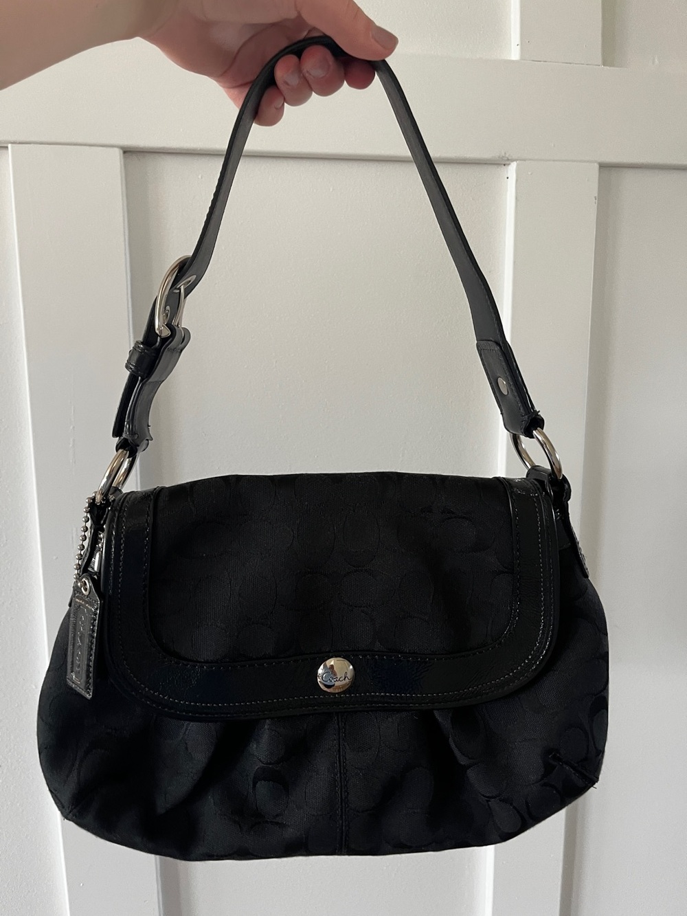 Coach Black Signature C Print SoHo Shoulder Bag with Leather Trim